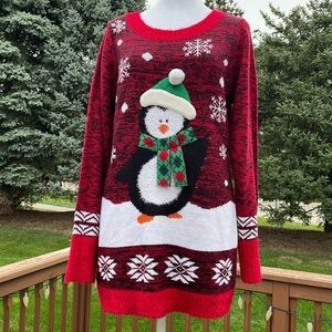 NOBO Red Penguin Snowflake Sweater, Large, Christmas Holiday Pullover, EUC
